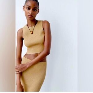 Zara Gold Shimmery Ribbed Knit Crop Top and Skirt Set